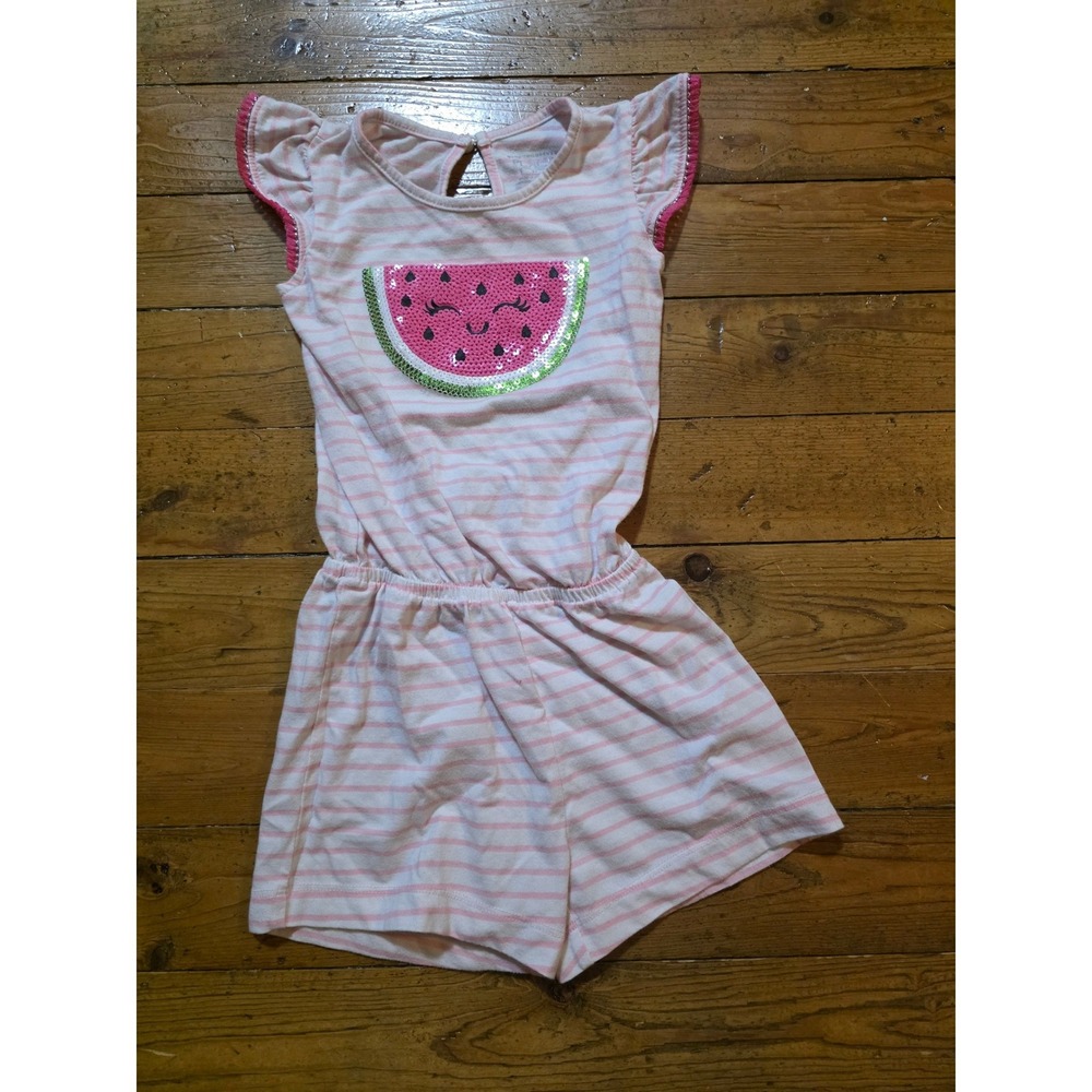 The Childrens Place Girls Pink White Striped Flutter Sleeve Romper 3T